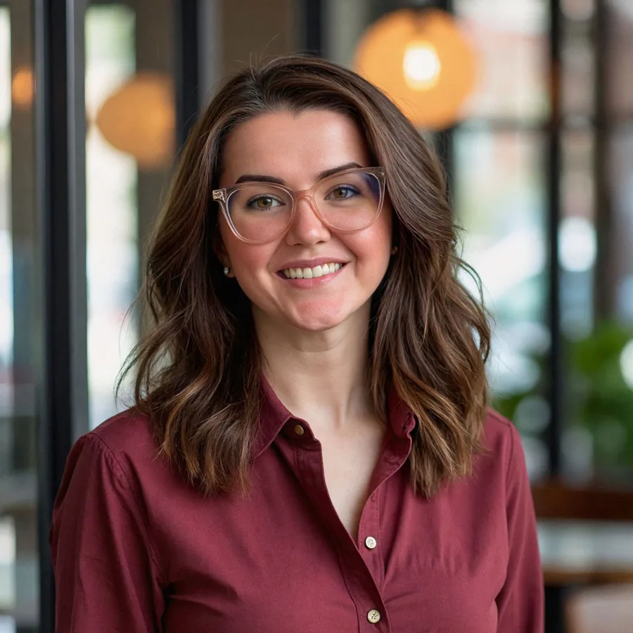 Katie Allen, smiling, in glasses and a wine-colored shirt