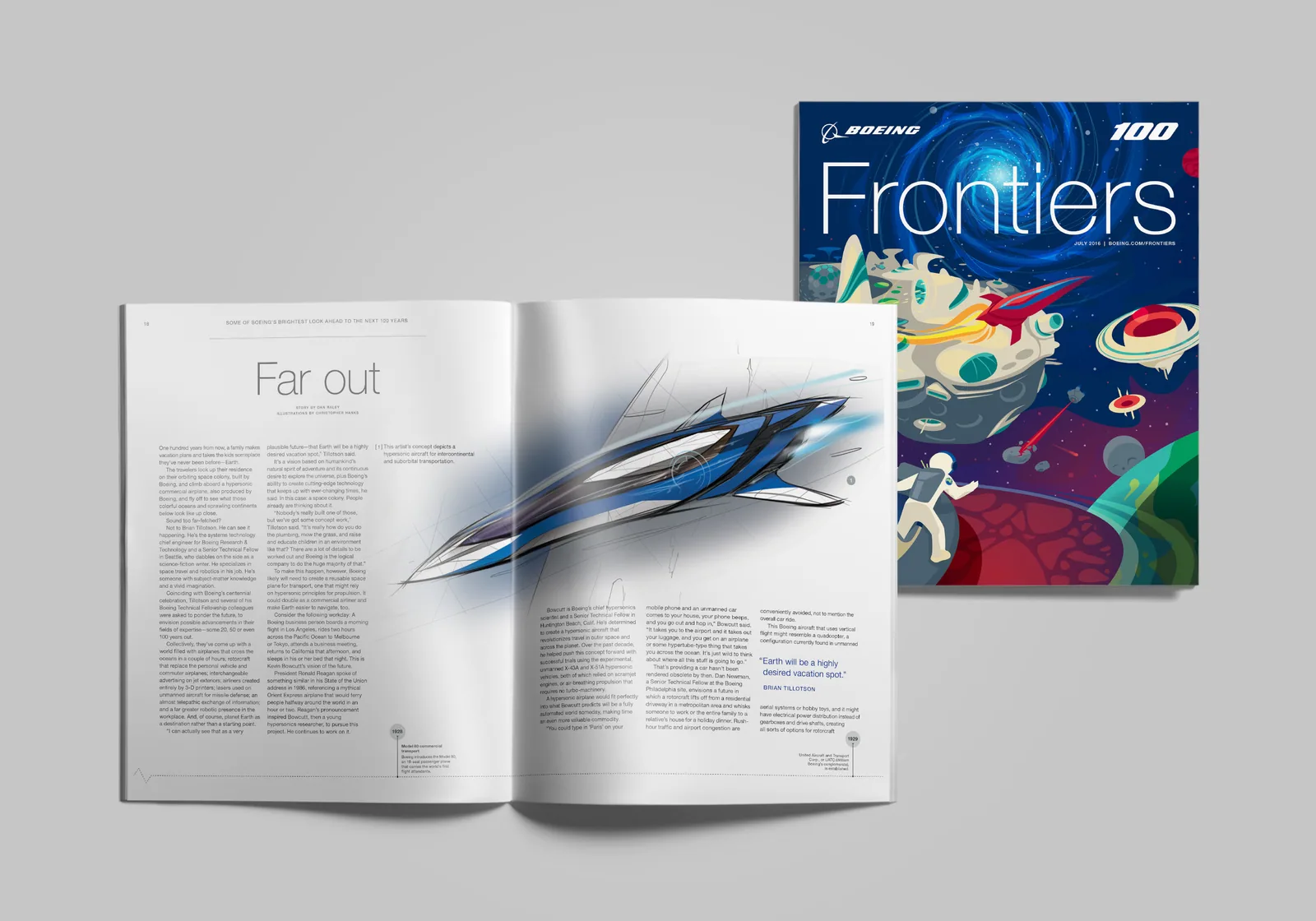 Boeing Frontiers centennial issue with an illustrated space cover, beside an open spread titled Far out
