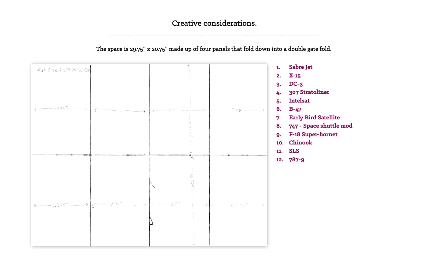 The poster's creative considerations: a 29.75 by 20.75 inch double gatefold and the 12 products planned for it