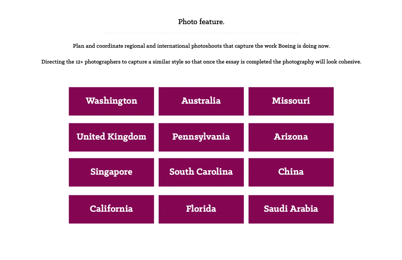 The photo feature's 12 shoot locations, from Washington and Missouri to the United Kingdom, Singapore, China and Saudi Arabia