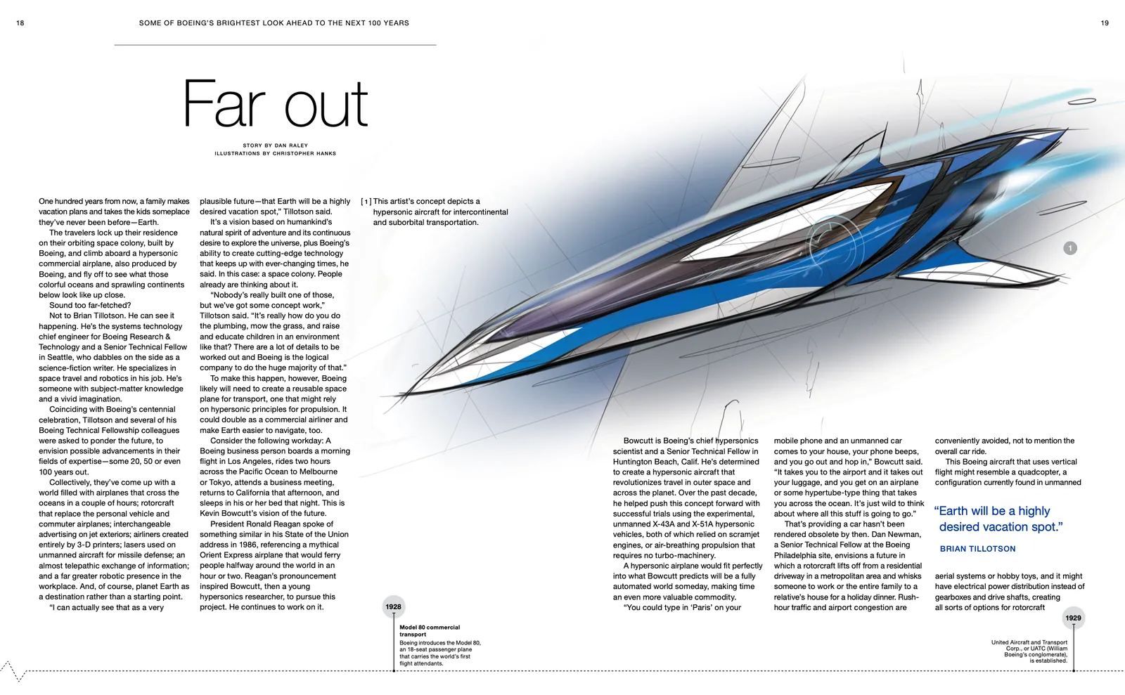 The Far out spread: a futuristic hypersonic aircraft in blue and silver beside the story's opening columns