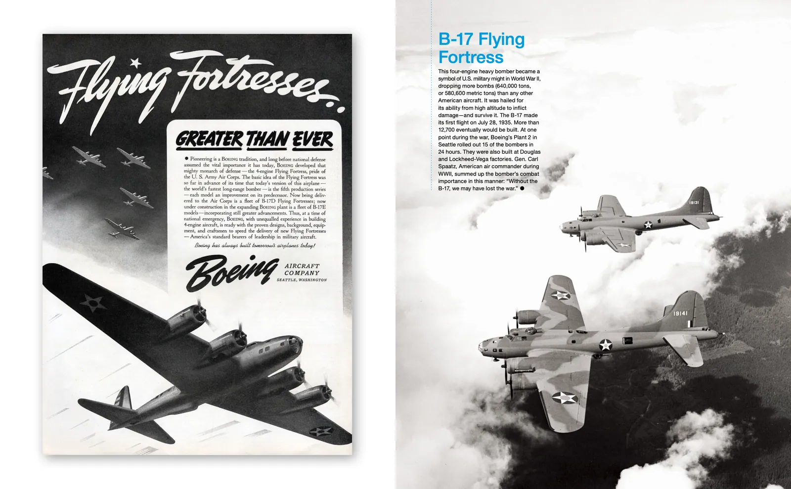 A spread of heritage ads: a Flying Fortresses ad, Greater than ever, beside a B-17 page with bombers in flight