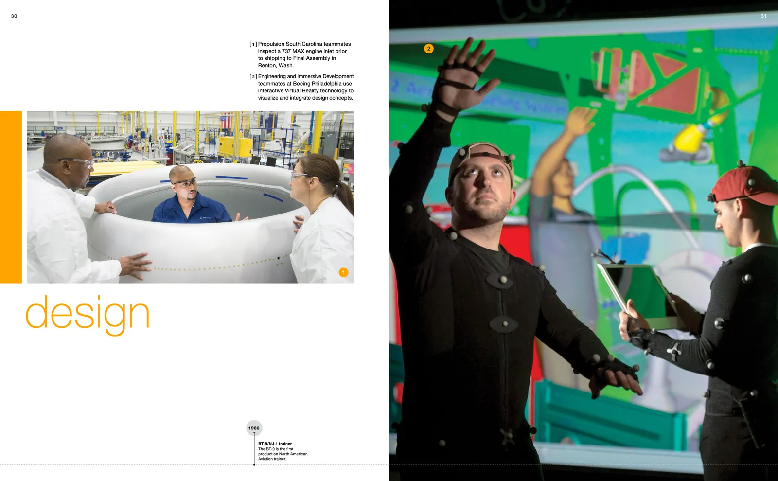 The design section of We Make Boeing: engineers inside a test rig beside a team working in a motion capture lab