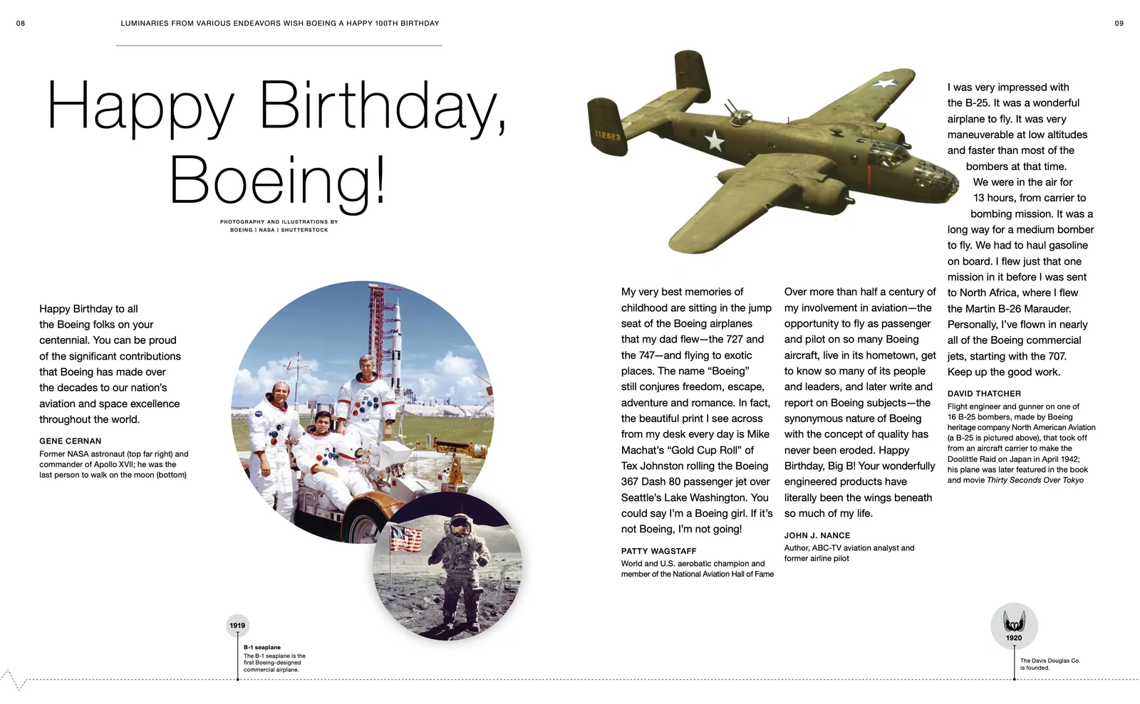 The Happy Birthday, Boeing! spread, with an astronaut photo in a circle and a vintage bomber across the facing page