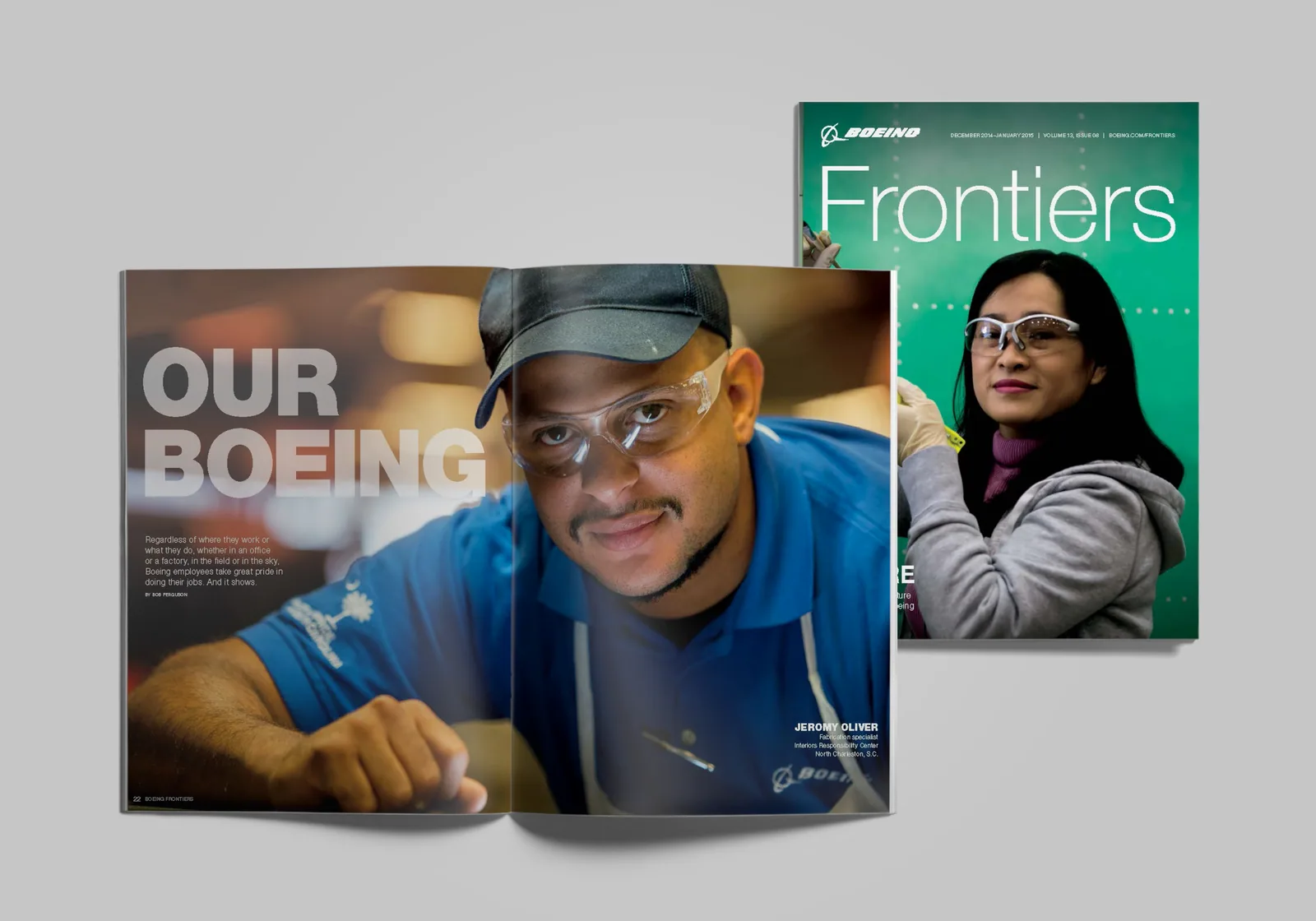 Boeing Frontiers issue with an employee portrait on the cover, beside an open spread titled Our Boeing
