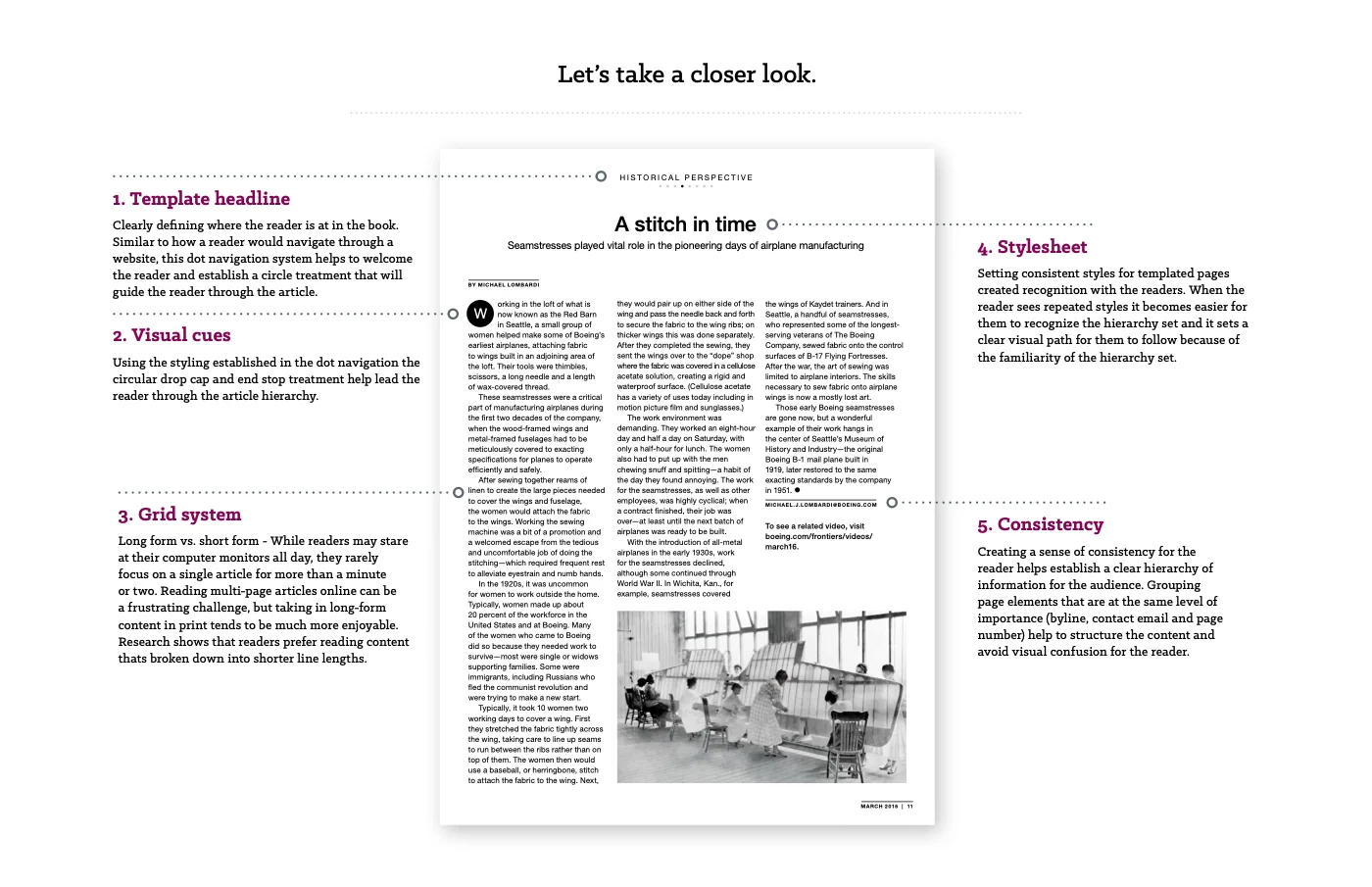 The department page system on a Historical perspective page: a template headline with dot navigation, circular drop caps and end stops, and a grid of shorter columns