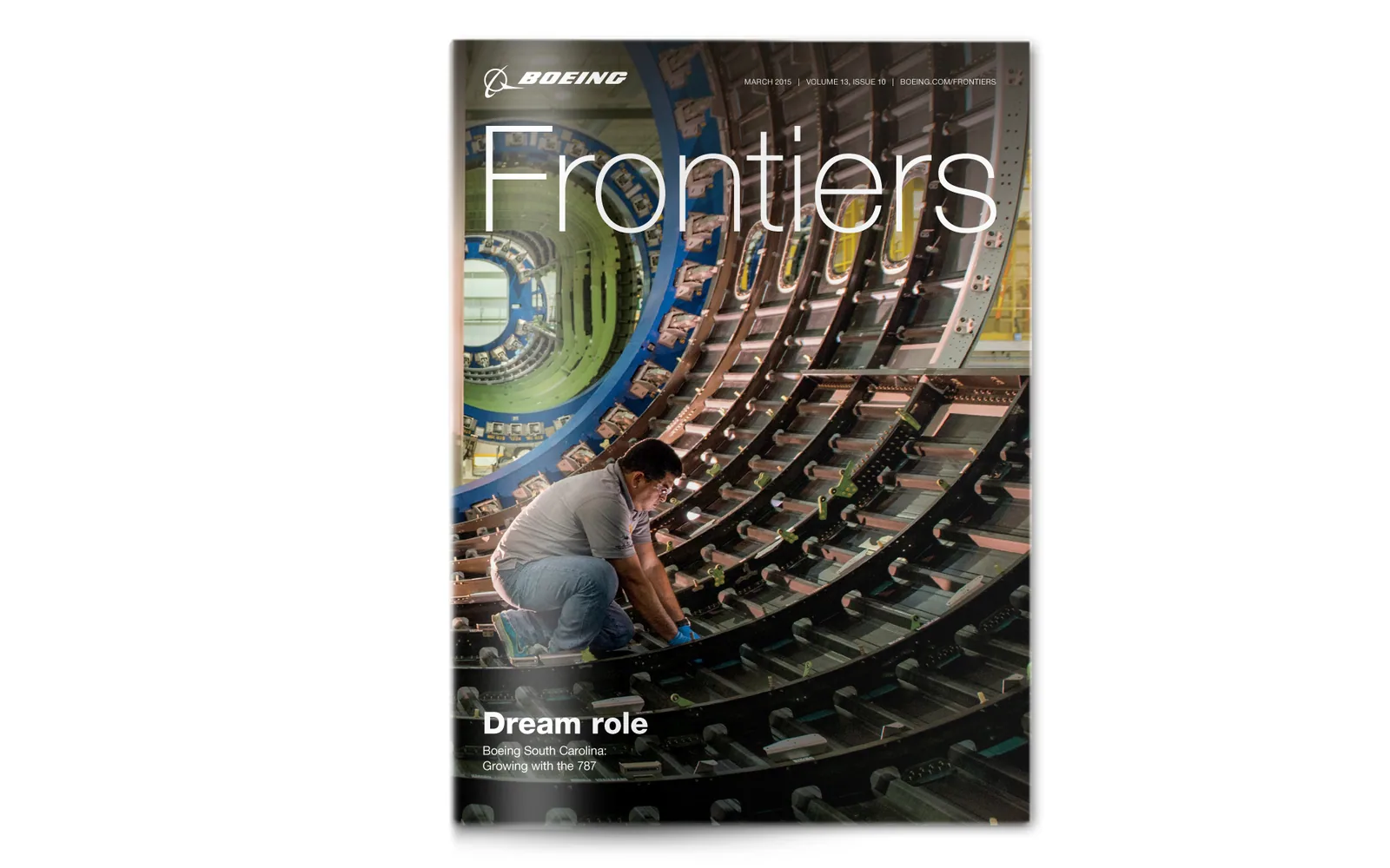 A Frontiers cover, Dream role: an employee at work inside a fuselage section