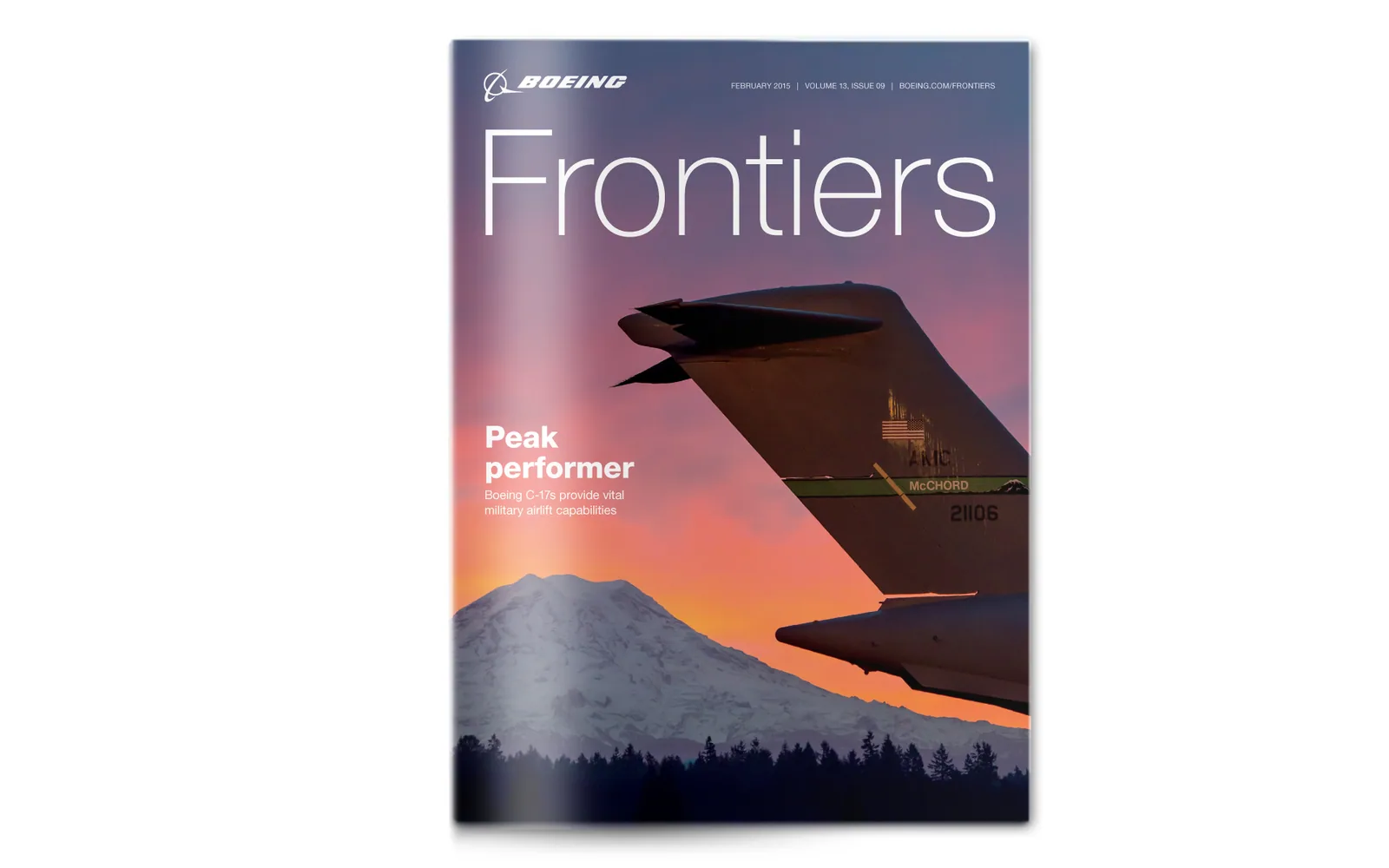 A Frontiers cover, Peak performer: a military jet's tail against a sunset over a snowy mountain