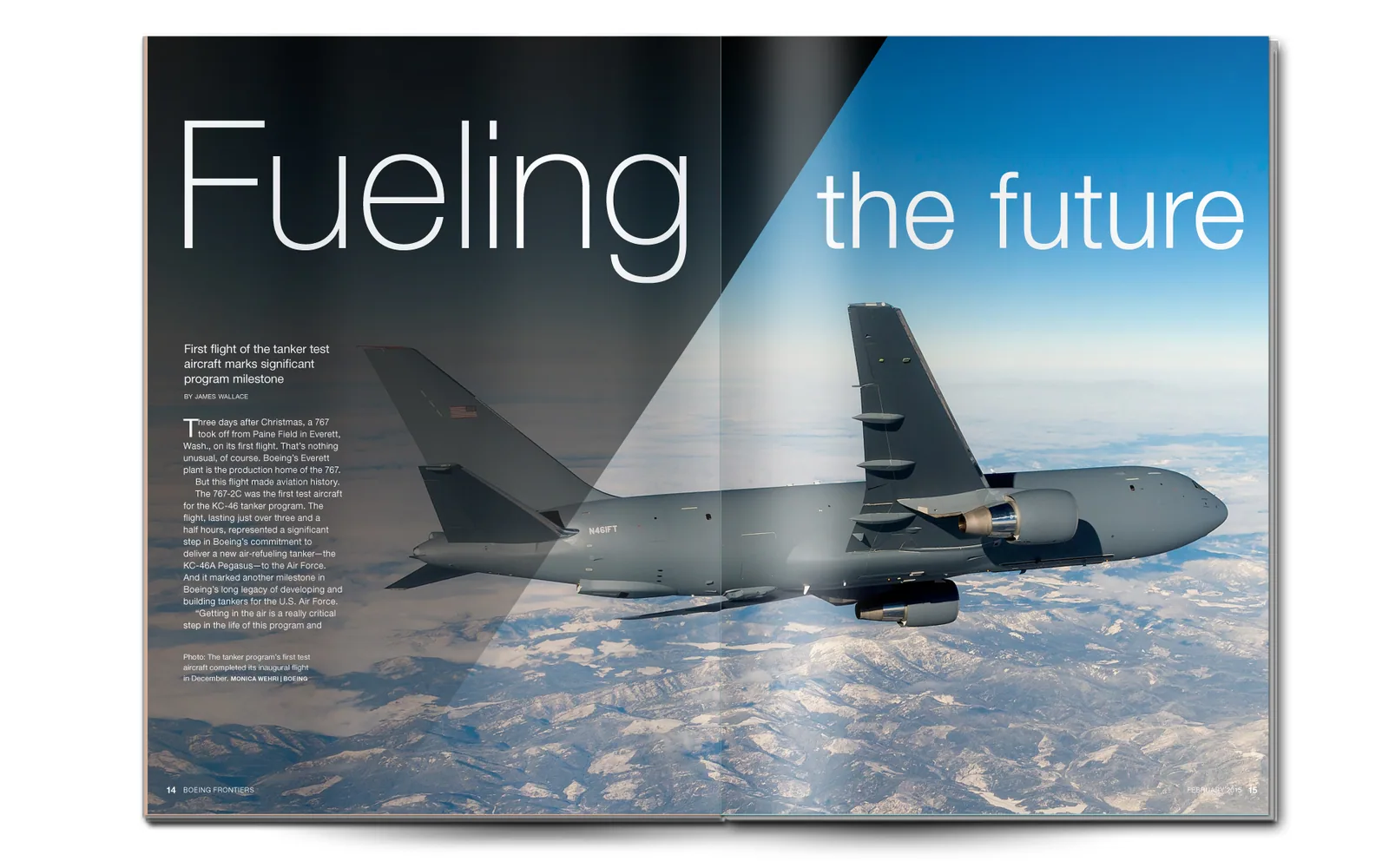A Frontiers spread, Fueling the future: a tanker aircraft in flight above the clouds