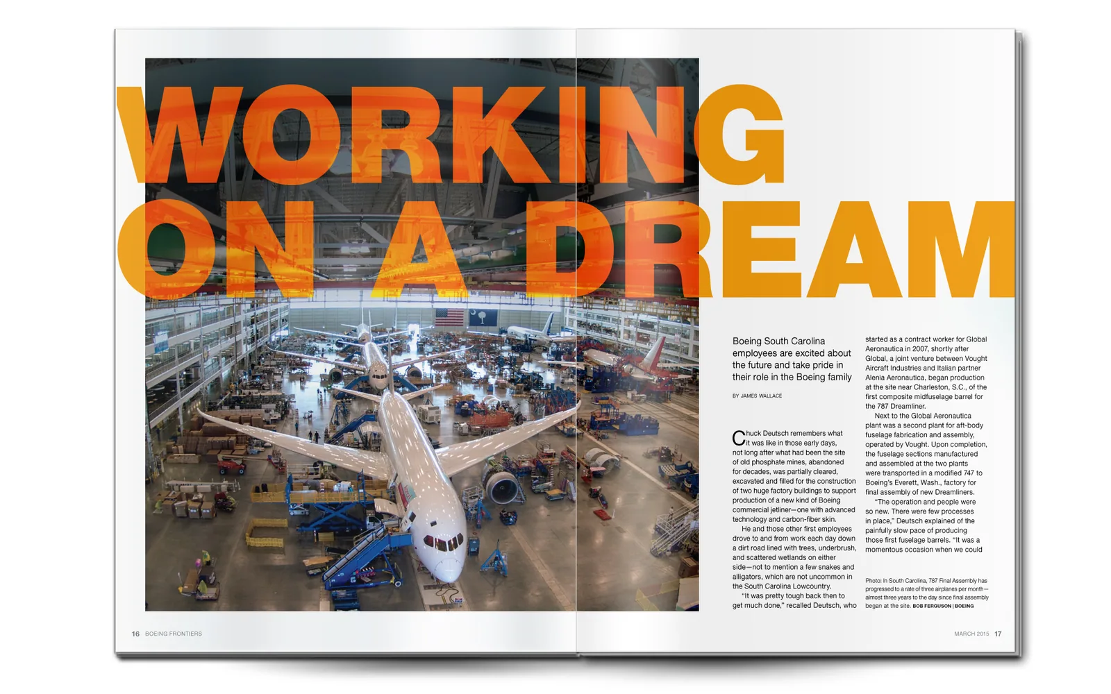 A Frontiers spread, Working on a dream: an airliner on the factory floor, seen from above