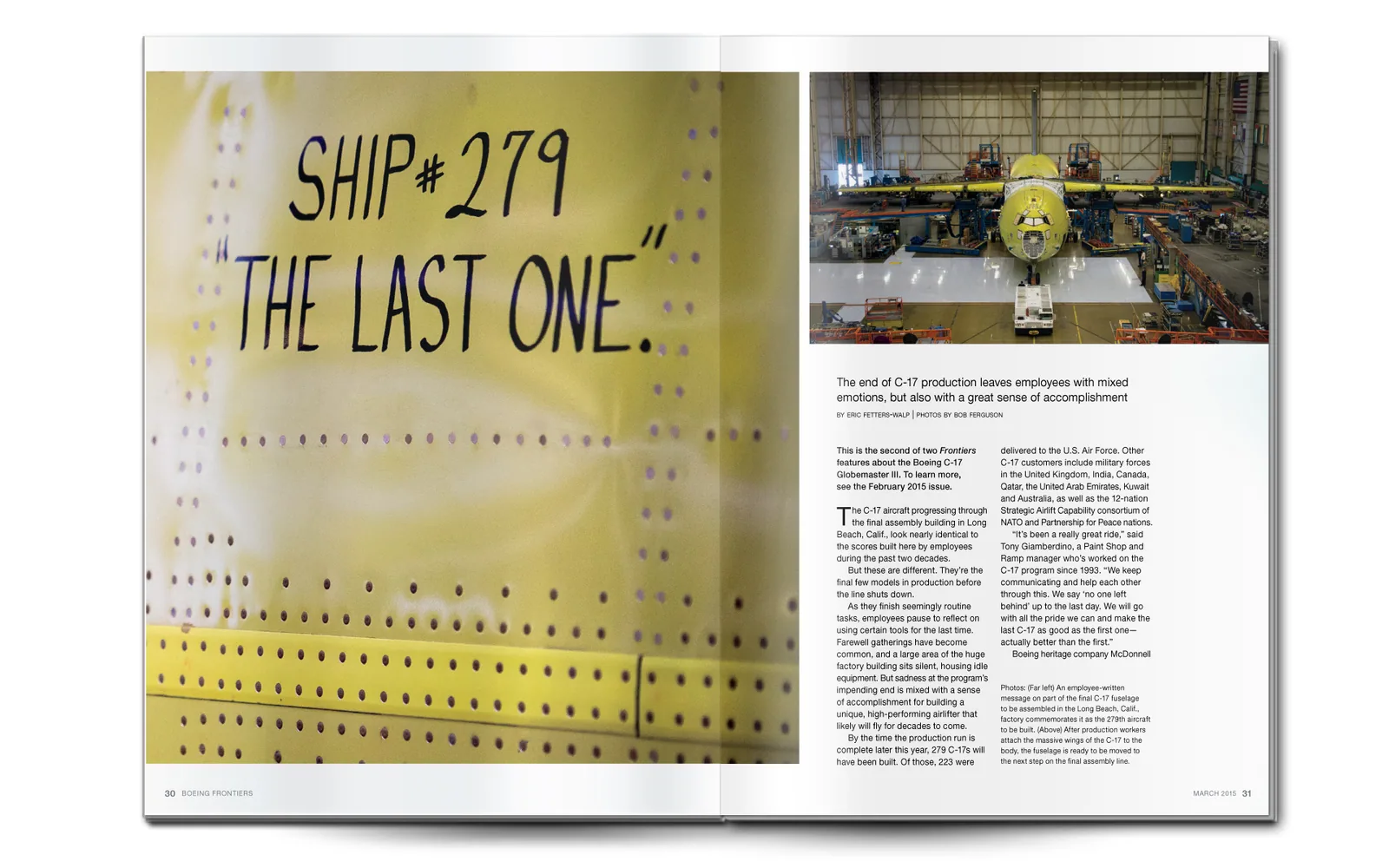 A Frontiers spread, Ship 279, the last one: a handwritten message on an aircraft's fuselage, marking the end of C-17 production