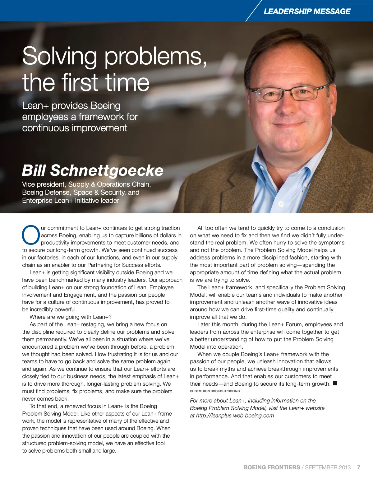 The September 2013 leadership message: a blue bar across the top, a headline over a portrait and dense columns