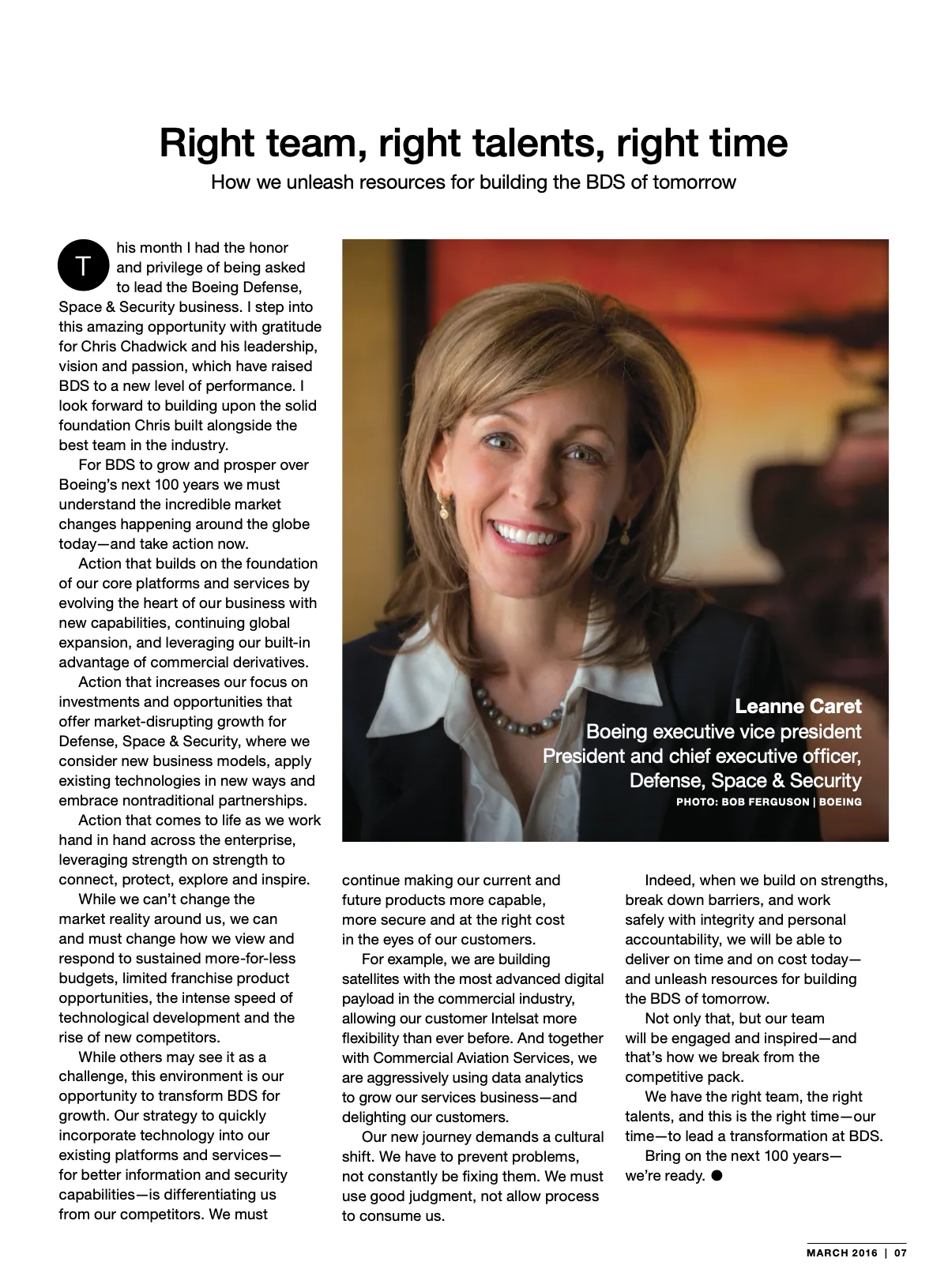 The March 2016 leadership message: a centered headline, a circular drop cap and a portrait set into the columns