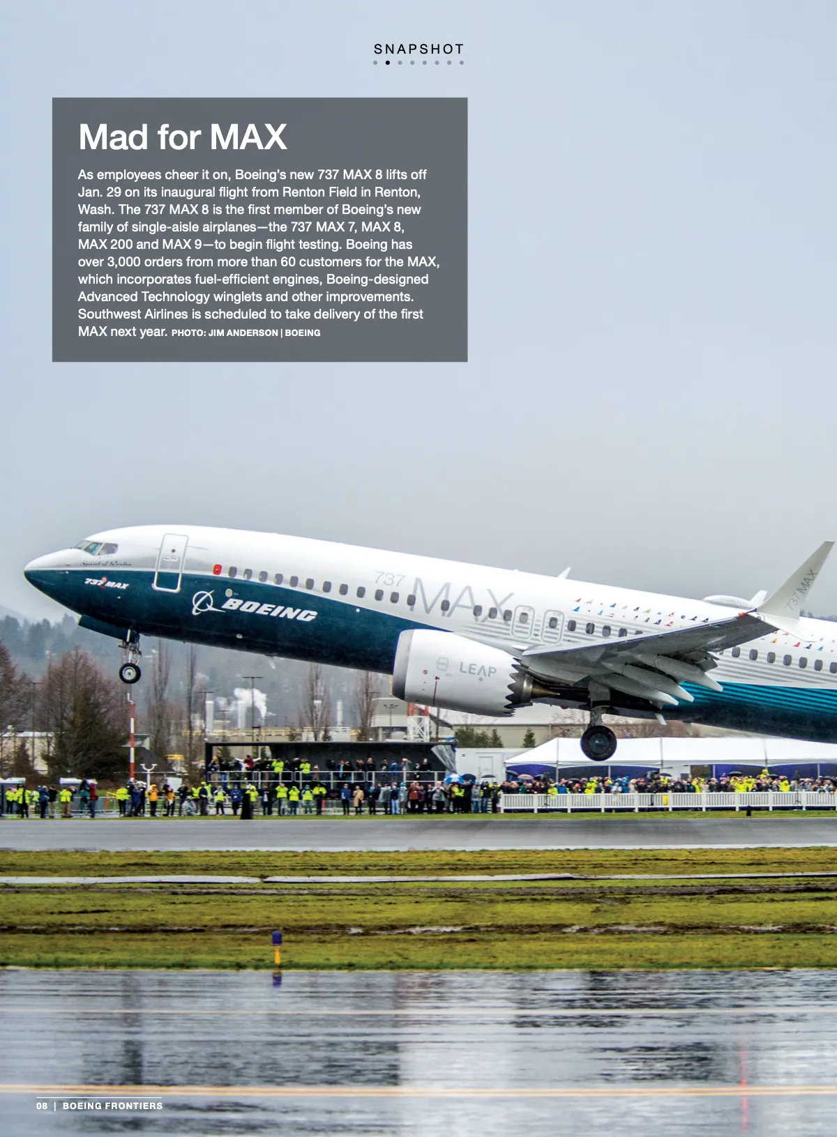 The March 2016 Snapshot page: a full-bleed photo of a 737 MAX taking off, with a small caption panel