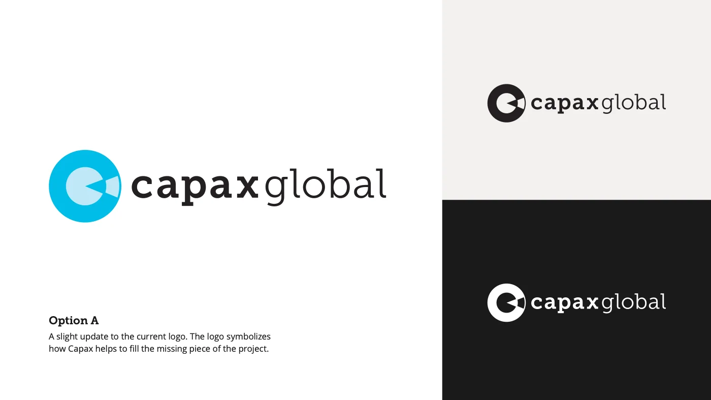 Identity option A: a light update of the existing Capax mark, a blue circle with a missing piece, in color on white, and in one color on light gray and on black