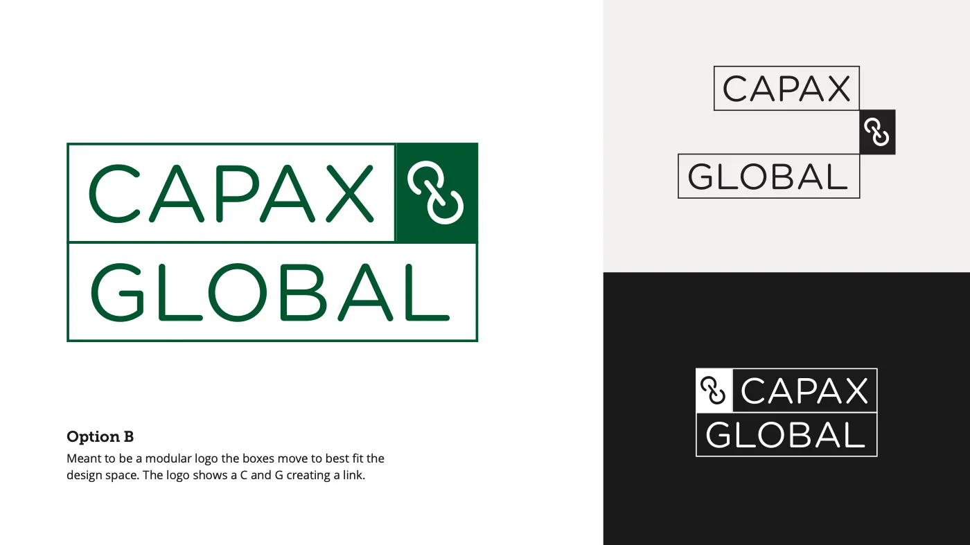 Identity option B: CAPAX GLOBAL in stacked green boxes, with a C and a G joined as a chain link