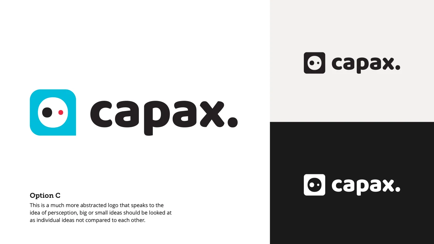 Identity option C: an abstract mark of two dots in a rounded square beside the word capax