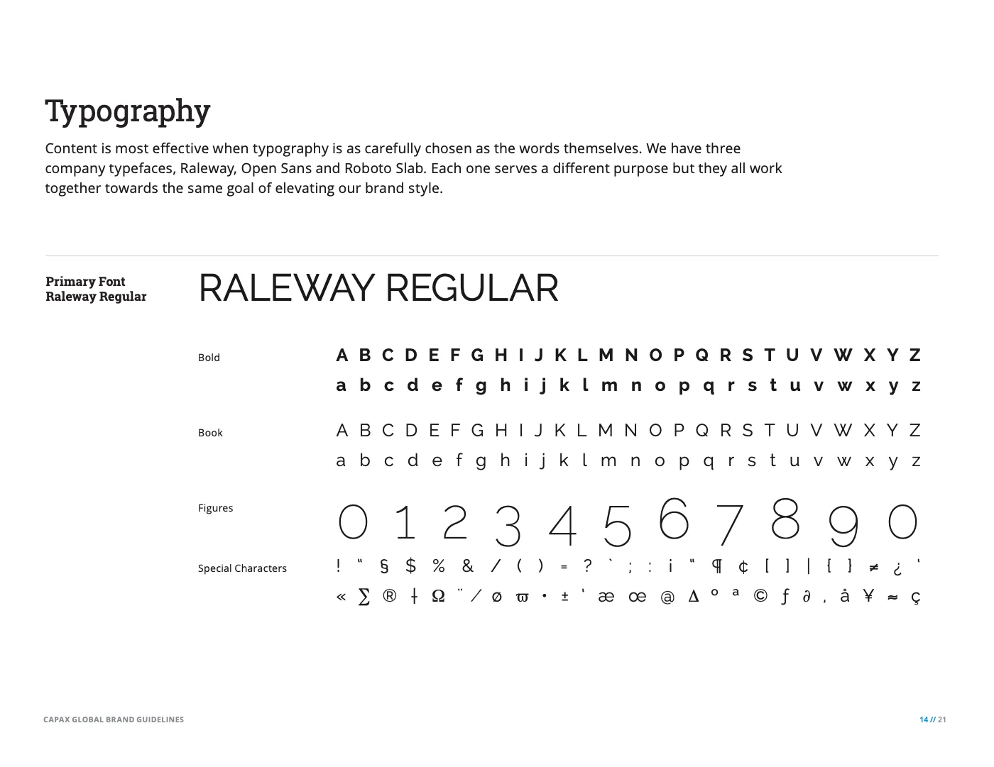 Typography: the three typefaces named, with the primary face, Raleway, in full