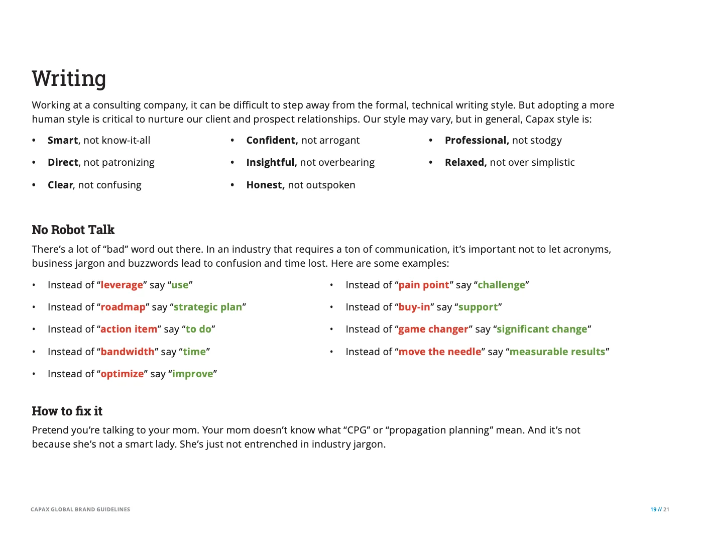 Writing: the Capax voice and the No Robot Talk rule, with plain swaps for jargon