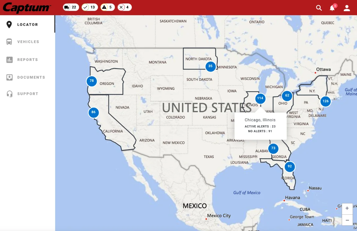 The locator at national scale: a map of the United States with clusters of equipment, and Chicago showing 22 active alerts