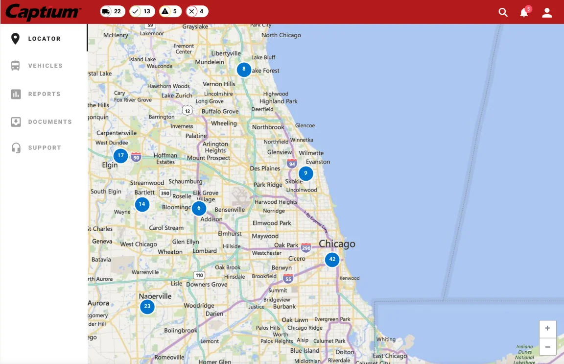 The locator zoomed to the Chicago area, with numbered clusters of trucks across the suburbs