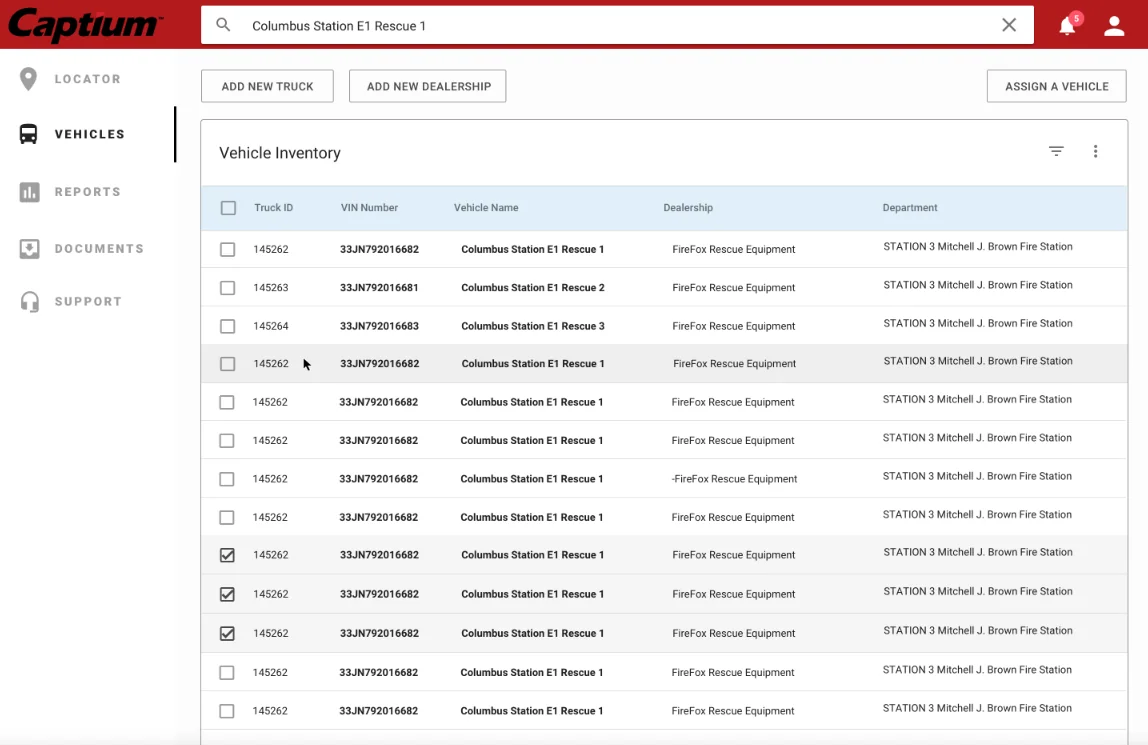 Vehicle inventory: a searchable table of trucks with their VIN, name, dealer and fire station