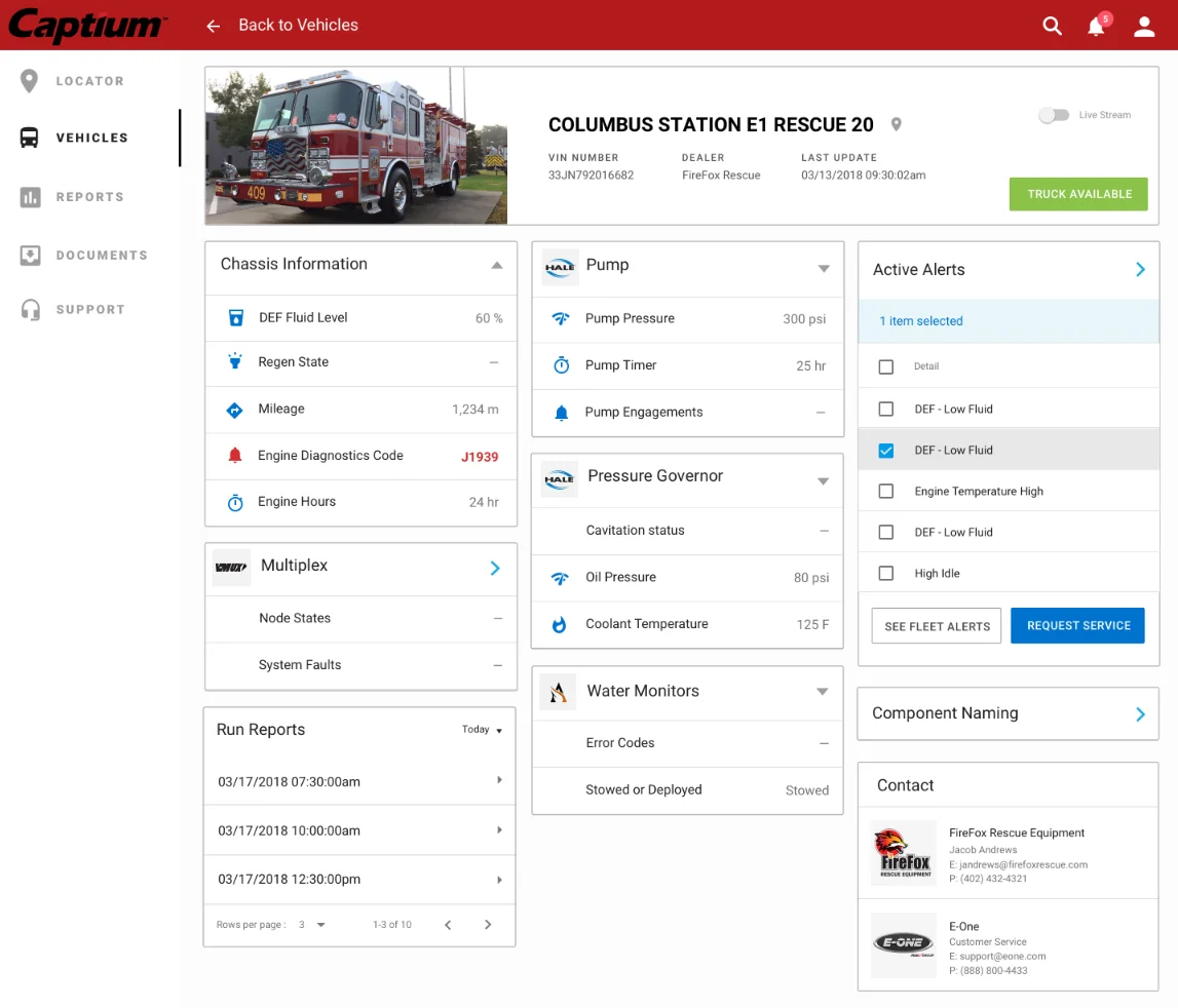 A truck's dashboard: chassis readings, pump and pressure governor status, active alerts, run reports and service contacts