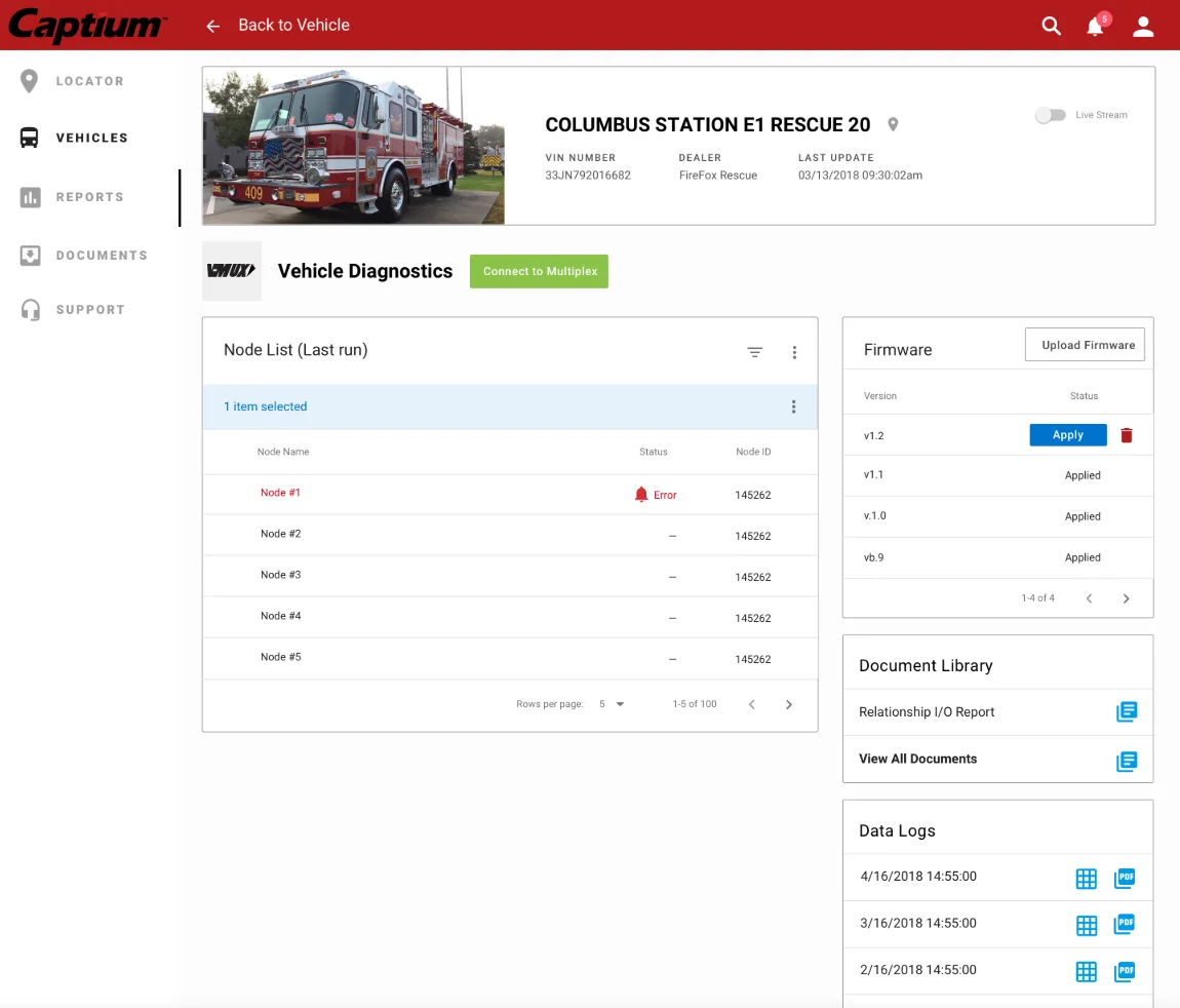 Vehicle diagnostics: the multiplex node list with one node in error, firmware versions, documents and data logs