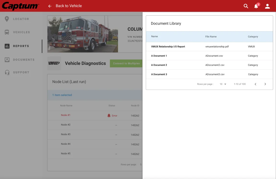 A drawer over the diagnostics screen listing the truck's multiplex reports and documents