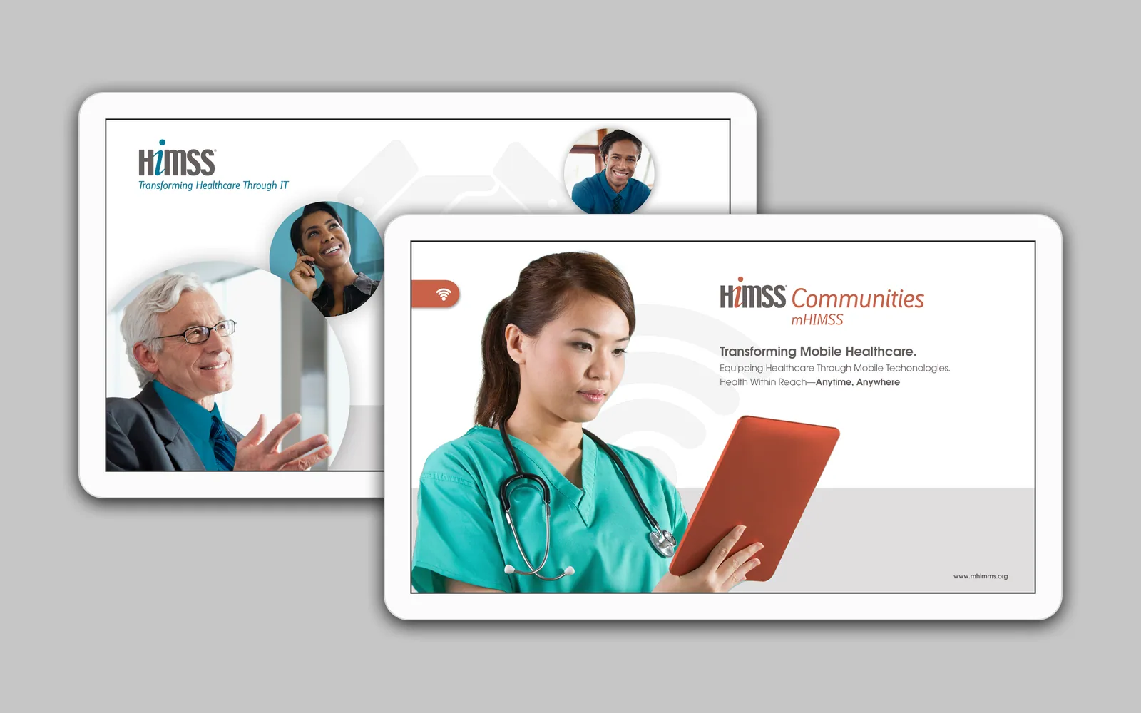 Two tablets of HIMSS slides: Are You a Recruiter, Job-Seeker or Consultant?, and a HIMSS Communities slide with a nurse holding a tablet