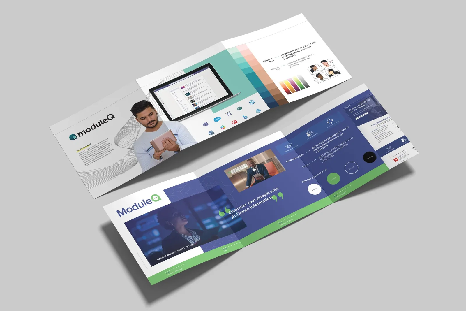 ModuleQ brand book spreads: the logo, a product screen on a laptop, color swatches, photography and illustration styles