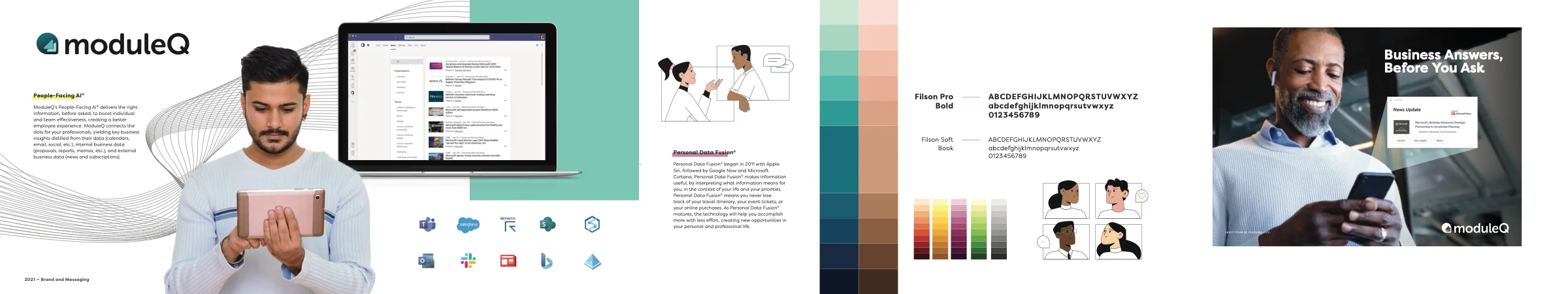 The brand board after the relaunch: the new logo, a man with a tablet beside ModuleQ in Microsoft Teams, line illustrations of people at work, a teal and skin-tone palette, and an ad headlined Business Answers, Before You Ask