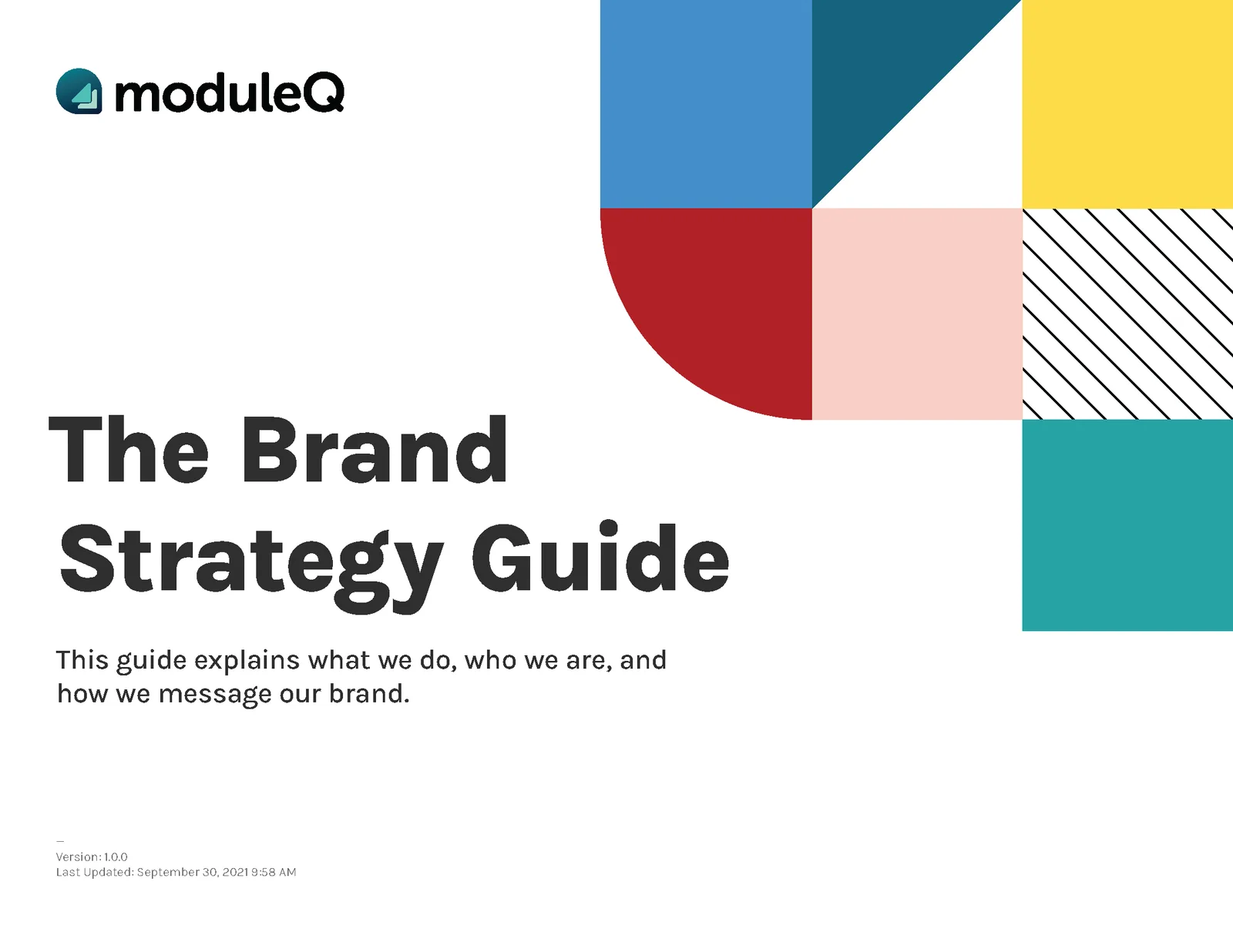 The cover of The Brand Strategy Guide: the moduleQ logo beside blocks of red, blue, pink and teal and a striped pattern