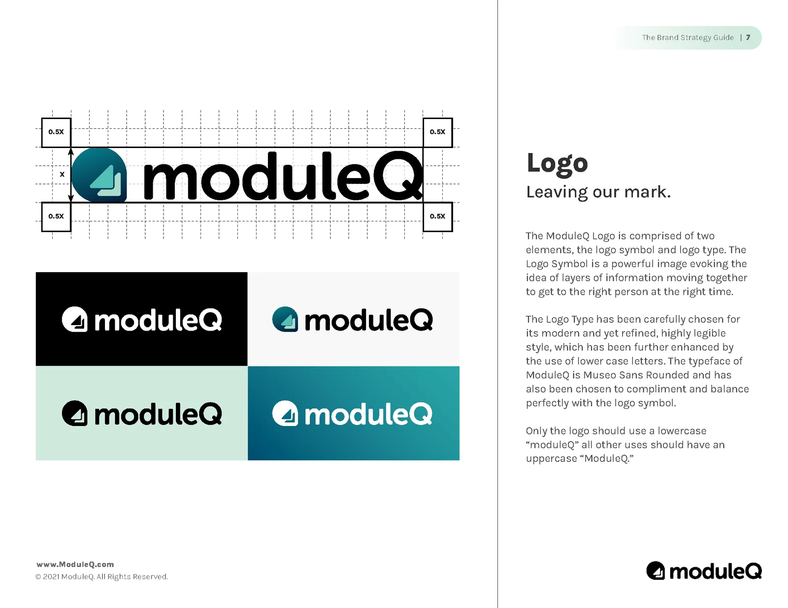 Logo usage: the moduleQ mark with its clear space, in black, white and teal versions