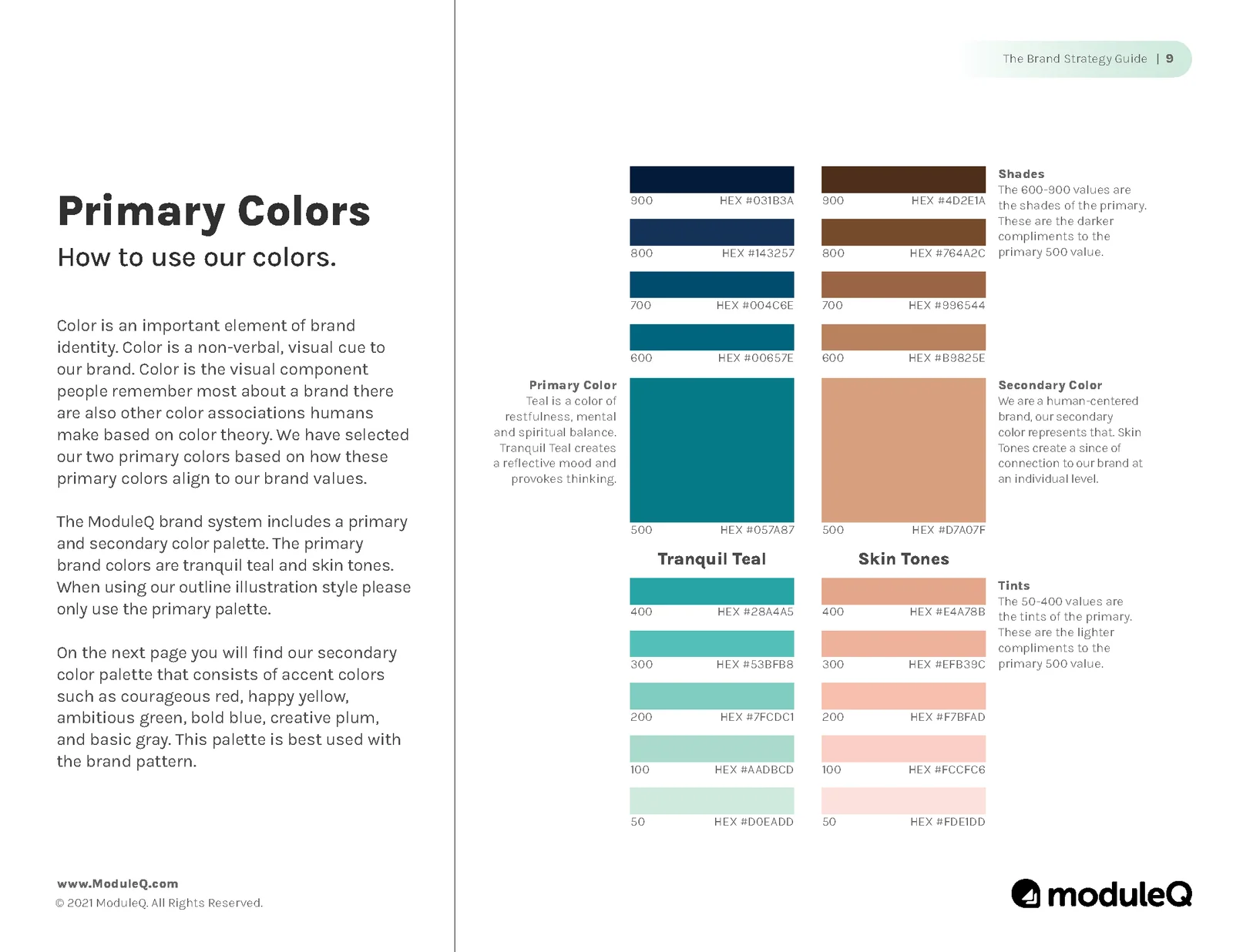 Primary colors: Tranquil Teal and Skin Tones, each with its tints and shades