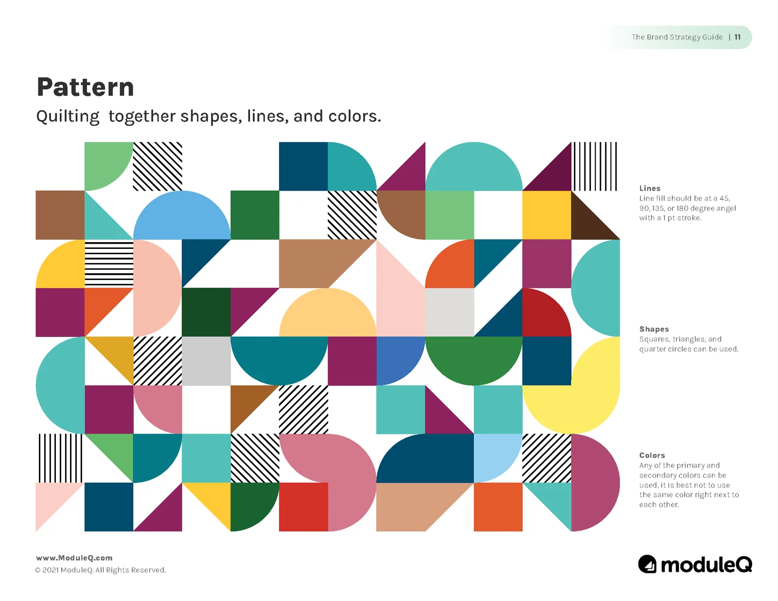 The brand pattern: a quilt of geometric shapes, lines and colors