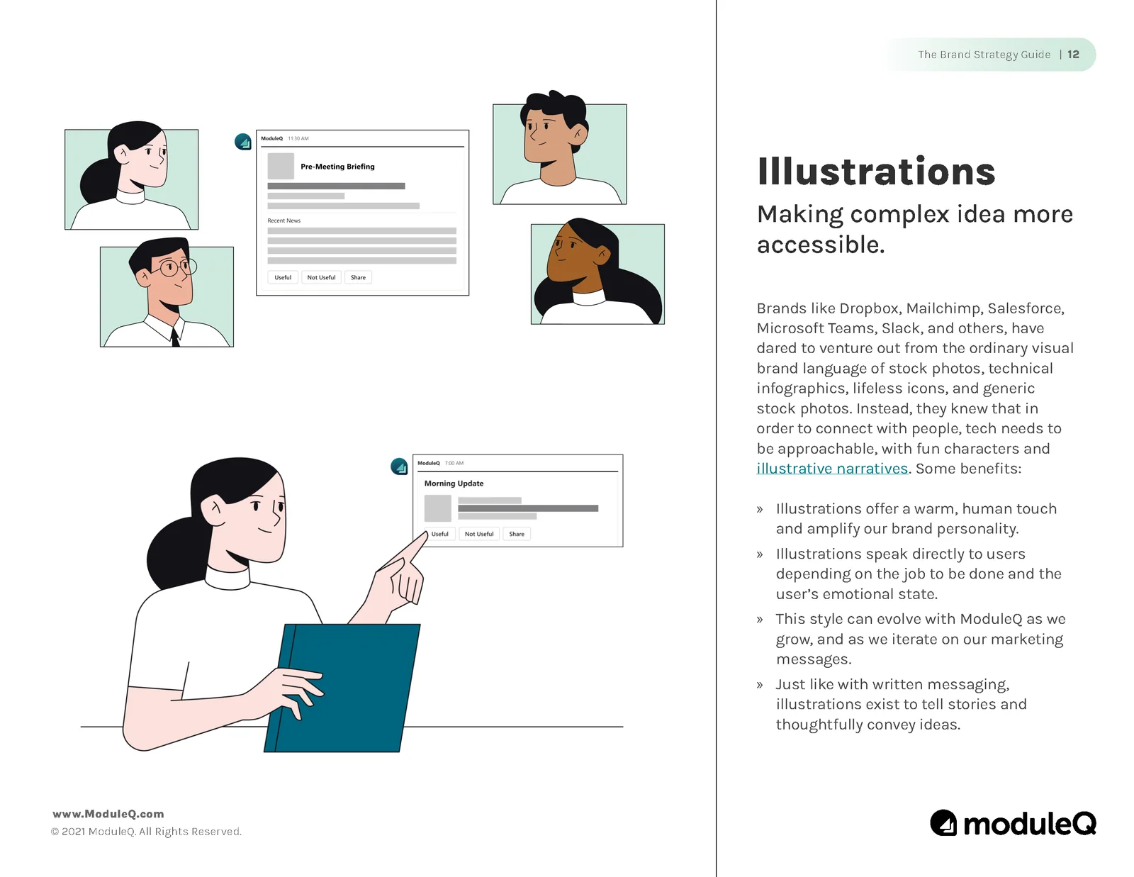 Illustrations: line drawings of people at work beside product screens