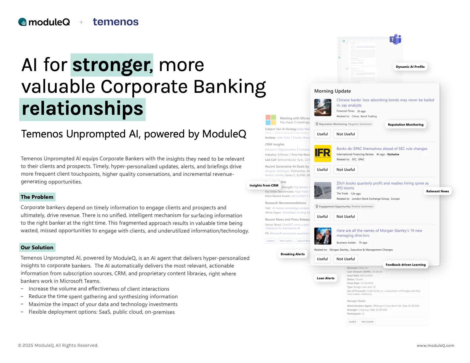 A Temenos one-pager, AI for stronger, more valuable corporate banking relationships: Temenos Unprompted AI, powered by ModuleQ, beside a morning update of client news in Microsoft Teams