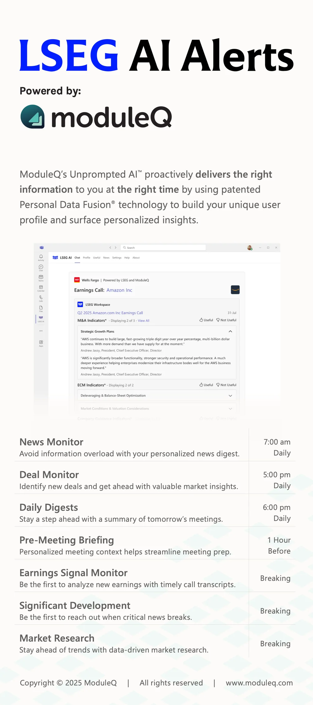 LSEG AI Alerts, powered by ModuleQ: an onboarding card that introduces Unprompted AI, a Microsoft Teams screen of personalized insights, and the alerts a banker receives through the day