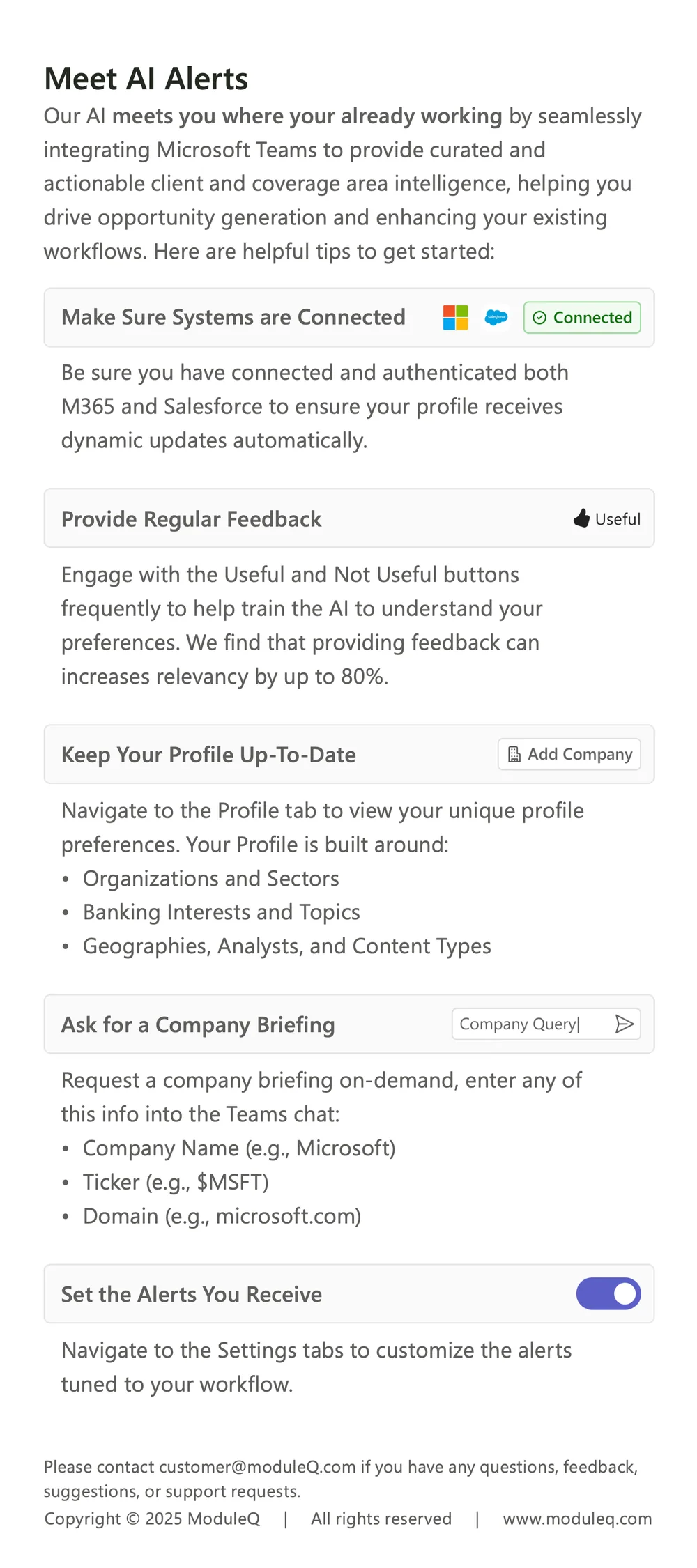 The back of the LSEG AI Alerts onboarding card: tips for connecting systems, giving feedback, keeping a profile current, asking for a company briefing and setting alerts
