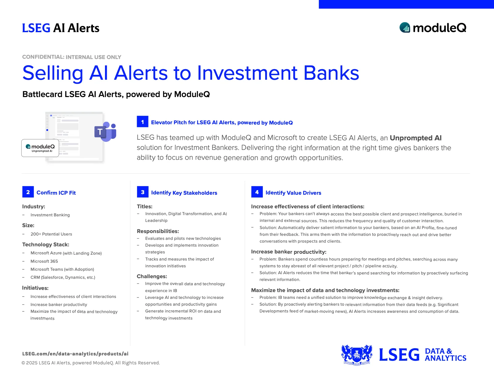A battlecard for selling LSEG AI Alerts to investment banks: the elevator pitch, the ideal customer, the stakeholders to find and the value drivers to lead with
