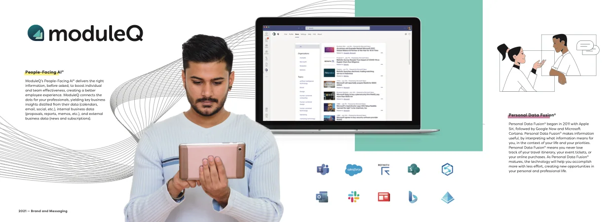 The relaunched brand: the new moduleQ logo, a man with a tablet beside a laptop running ModuleQ in Microsoft Teams, the apps it works with, and a line illustration of two colleagues talking