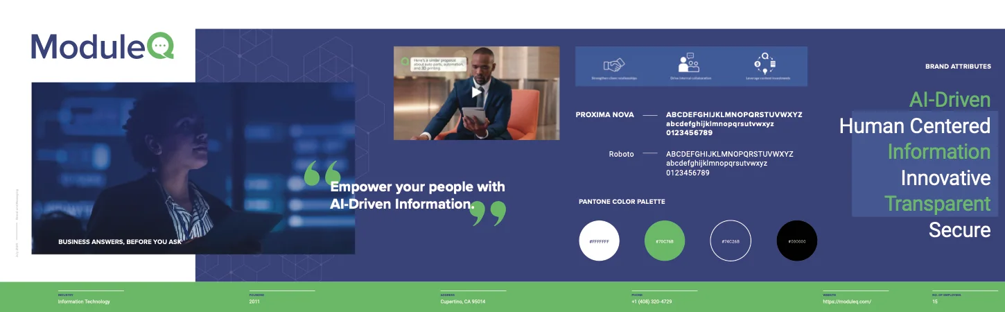 The brand before the relaunch: a navy and green palette, a stock photo of a woman at a screen, and the attributes AI-Driven, Human Centered, Information, Innovative, Transparent and Secure