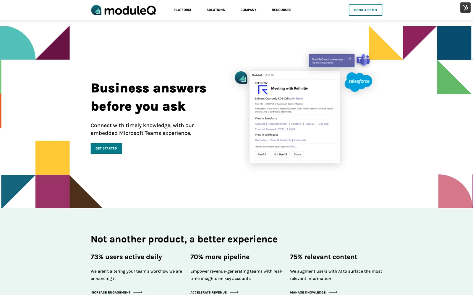The ModuleQ home page: the headline Business answers before you ask beside a Microsoft Teams card, over a band of results: 73% of users active daily, 70% more pipeline, 75% relevant content