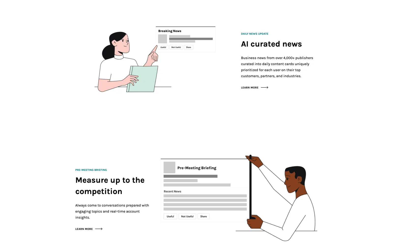Home page features drawn as line illustrations: AI curated news, and pre-meeting briefings to measure up to the competition