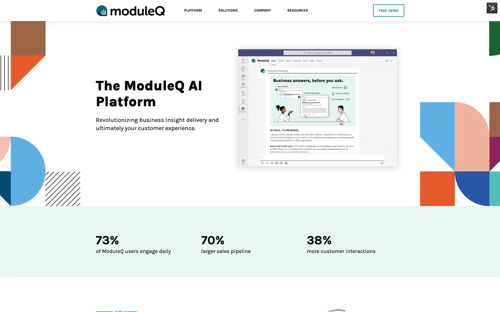 The ModuleQ AI Platform page: a Teams screen framed by the brand's geometric shapes, over three adoption figures