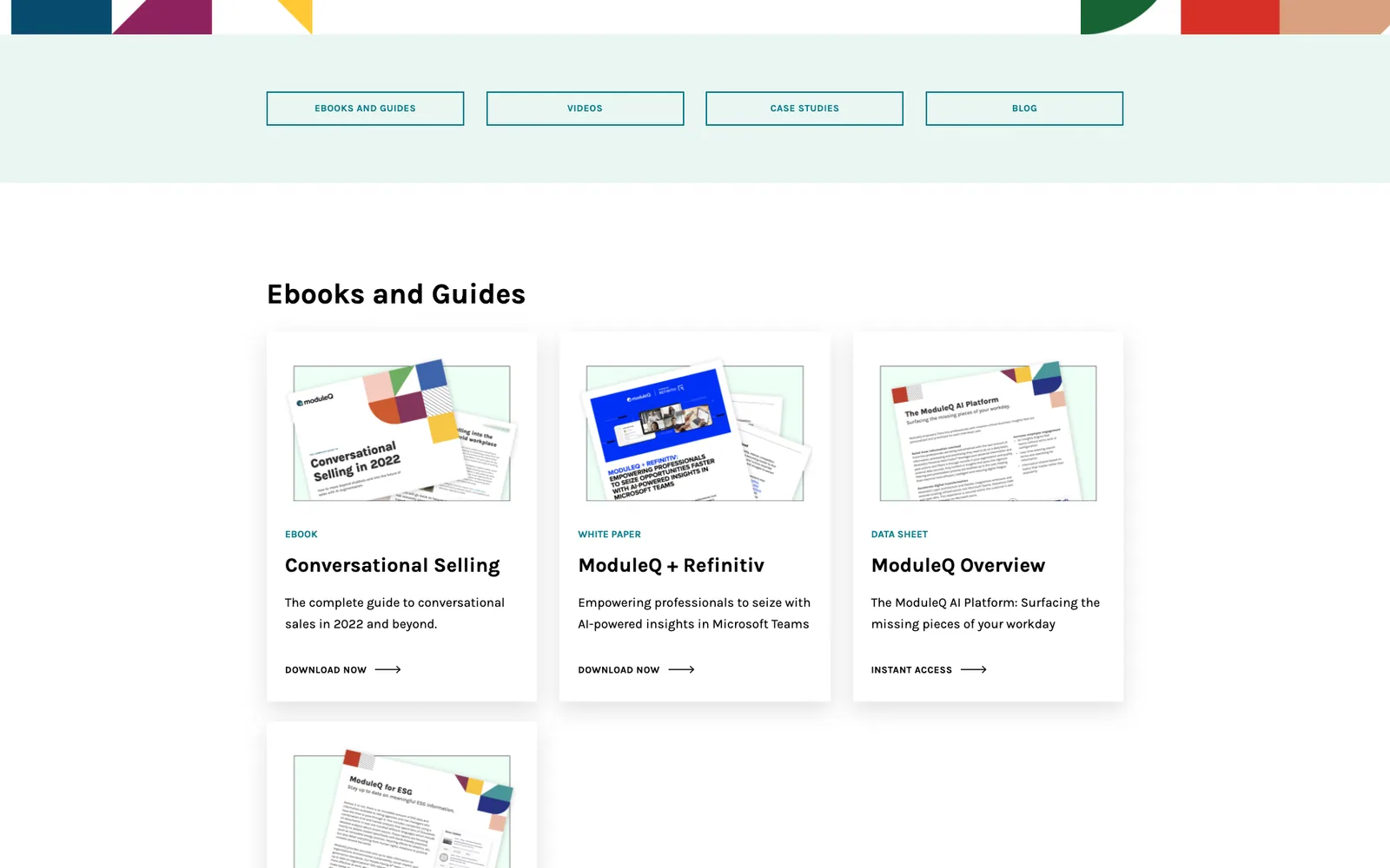 The resources library: filters for e-books, videos, case studies and the blog over a grid of e-book covers