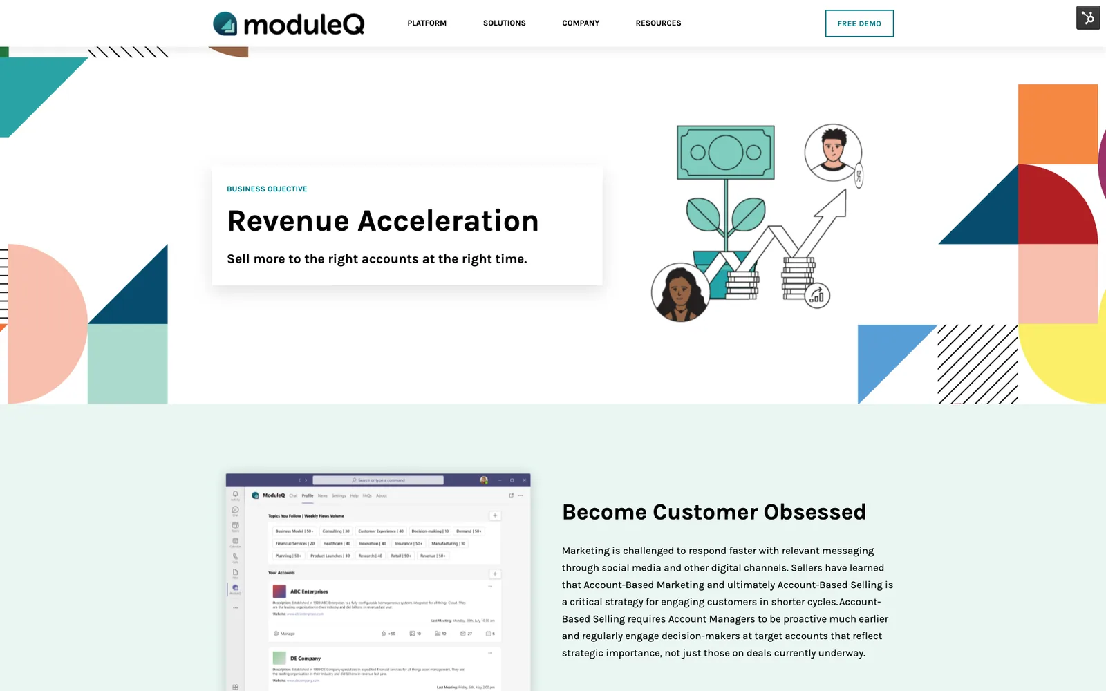 The Revenue Acceleration solution page: an illustrated headline, then Become Customer Obsessed beside a Teams screen