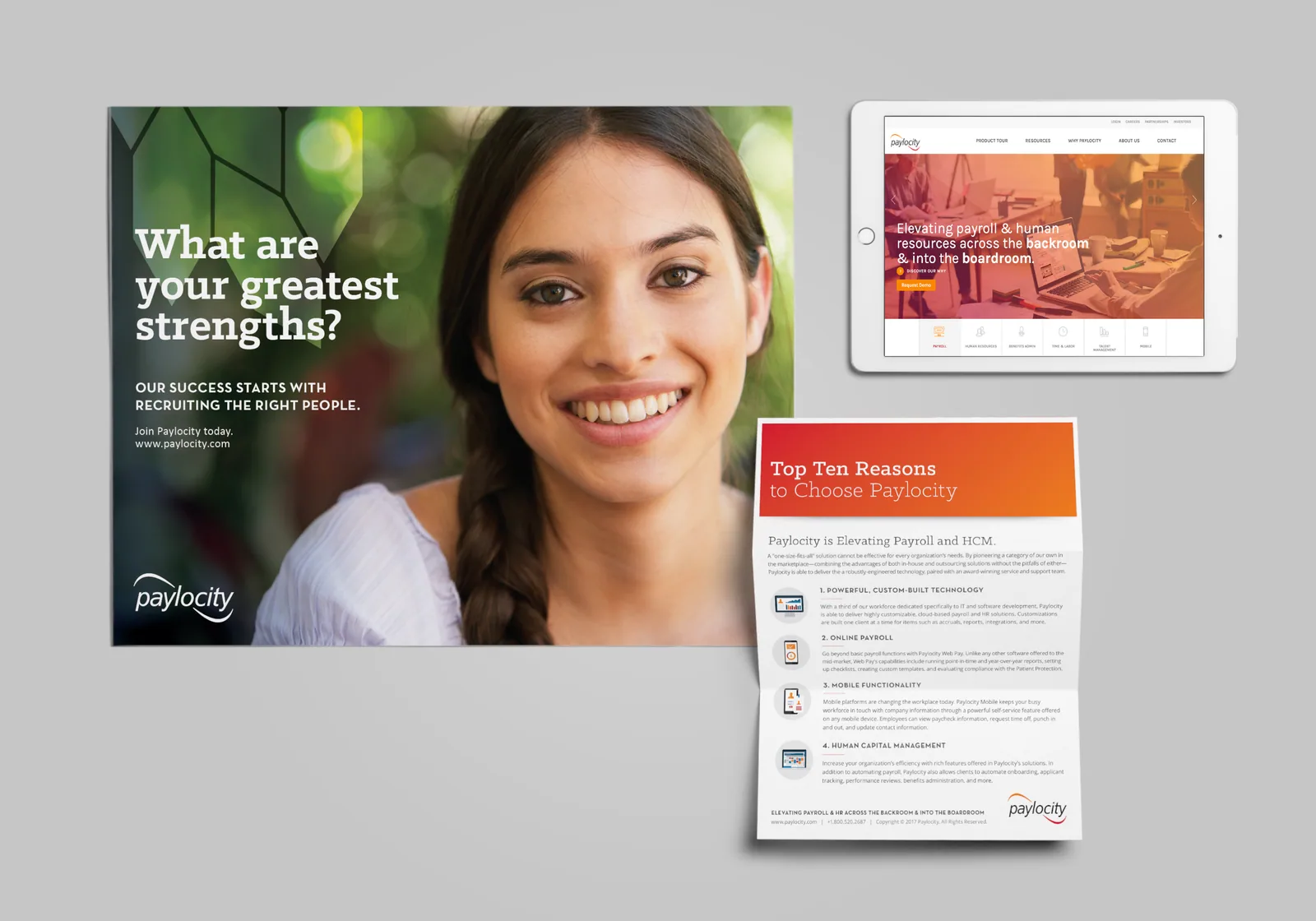 Paylocity recruiting ad, the website on a tablet, and a Top Ten Reasons to Choose Paylocity brochure